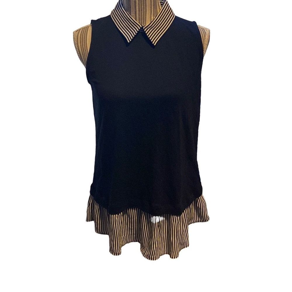 Sleeveless Black Layered Top with Striped Collar and Hem
